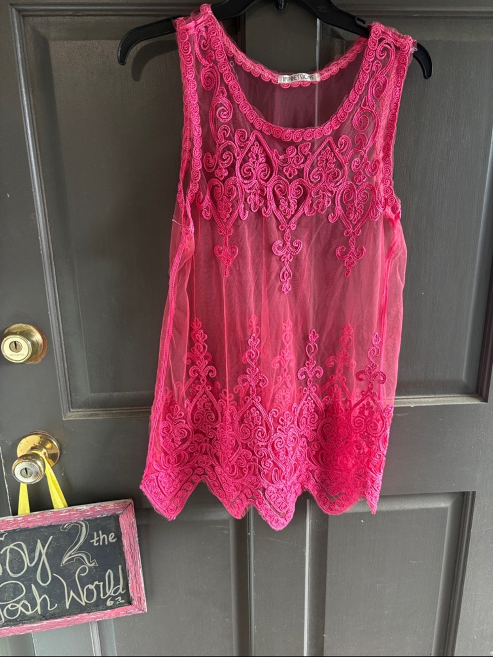 Sheer Embroidered Sleeveless Top - Hot Pink tulle and scalloped hem